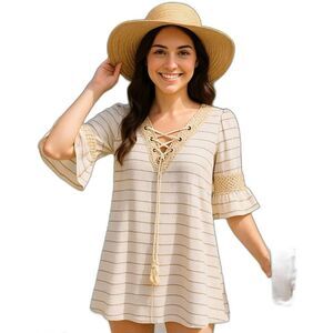 NEW POL Small Mini Cotton Dress or Cover-Up Open Embroidery Cream Tan Stripe